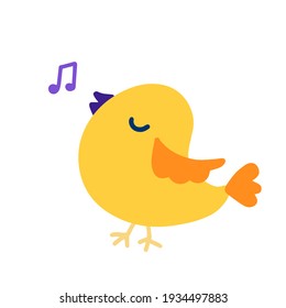 Cute yellow bird singing a song. Cartoon style. Isolated on white background. Vector illustration