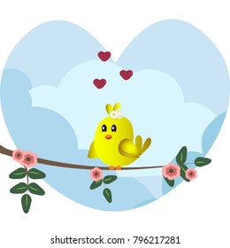 Cute yellow bird sitting on a branch with flowers. Cute sparrow with hearts on sky background