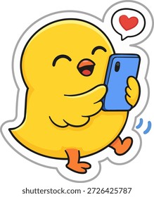 Cute yellow bird texting on a smartphone with heart design, symbolizing love messages.