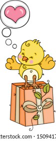 Cute yellow bird thinking of love upon gift with leaves
