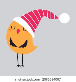 Cute Yellow Bird Wearing Red Striped Hat Enjoying Winter Season Vector Illustration