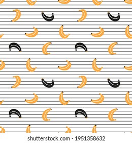 Cute Yellow and Black Bananas Vector Seamless Pattern. Fruit Wallpaper. Summer Striped Background