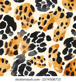 Cute yellow and black tiger skin spot seamless with watercolor background. animal skin vector illustration. Watercolor print in rustic vintage style, textile or wallpapers.