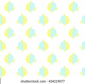 Cute yellow and blue fish design on smooth background pattern seamless backdrop wallpaper. Vector image