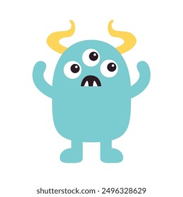 Cute yellow blue monster standing. Happy Halloween. Monsters silhouette icon. Eyes, sad face, horns, hands up. Cartoon kawaii funny character. Childish style. Flat design. White background Vector