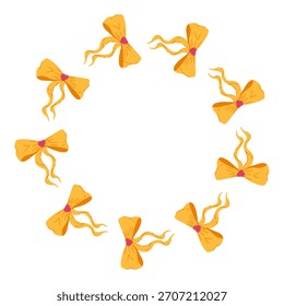 Cute yellow bows circle frame. Ribbons with heart on white background with copy space. Vector hand drawn cartoon illustration for packaging design, card templates, decorative border, invitations