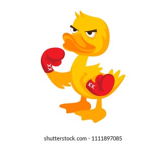 Cute Yellow Boxing Duck Character Illustration In Isolated White Background