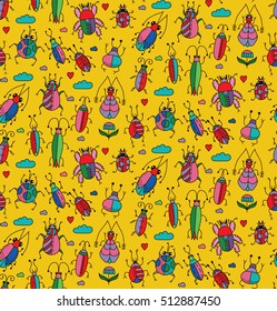 Cute yellow bugs insects beetles seamless vector pattern
