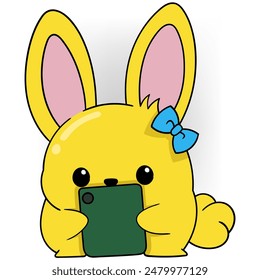 A cute yellow bunny with a blue bow holds a phone, capturing a moment of playful interaction with technology.