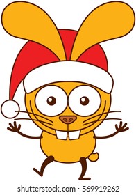 Cute yellow bunny with long ears, big teeth and wearing a Christmas Santa hat while wide opening its eyes, stretching its arms, smiling enthusiastically and greeting