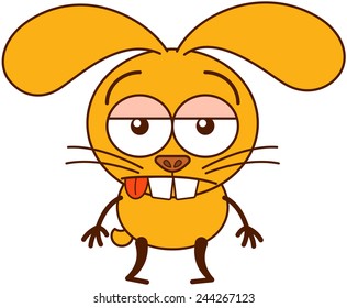 Cute yellow bunny in minimalistic style with big ears, bulging eyes and huge teeth while showing a sad and apathetic attitude