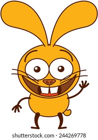 Cute yellow bunny in minimalistic style with big ears, bulging eyes and huge teeth while waving, greeting and welcoming animatedly