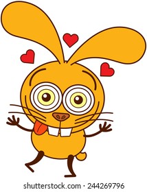 Cute yellow bunny in minimalistic style with big ears, huge teeth and funny bulging eyes while showing red hearts above its head, stretching its arms, smiling generously and feeling madly in love