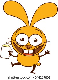 Cute yellow bunny in minimalistic style with big ears and huge teeth while widely opening its bulging eyes, raising its arms and holding a glass of frothy beer as for celebrating something