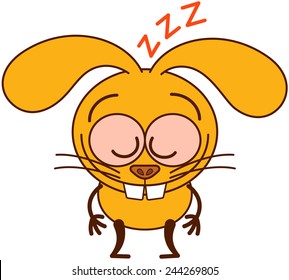 Cute yellow bunny in minimalistic style with big ears, bulging eyes and huge teeth sleeping placidly while standing up in a surprising and tired mood