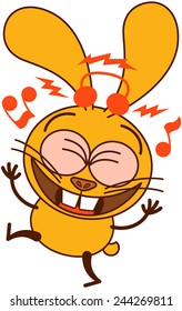 Cute yellow bunny in minimalistic style with big ears and huge teeth while wearing earphones, clenching its bulging eyes, listening to music, smiling generously and dancing animatedly