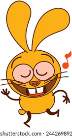 Cute yellow bunny in minimalistic style with big ears and huge teeth while closing its bulging eyes, smiling, dancing and singing animatedly