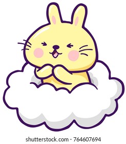 cute yellow Bunny sitting on a little white cloud