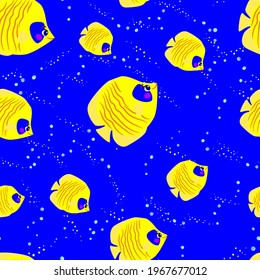 Cute yellow butterfly fish with blue specks swim in the sea. Seamless pattern, vector