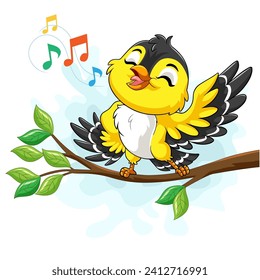 Cute yellow canary bird singing