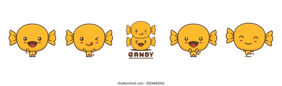 cute yellow candy mascot, with different facial expressions and poses, isolated on white background