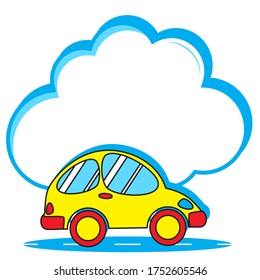 Cute yellow car and big empty speech bubble in form of blue cloud for your text. Advertising service delivery of goods and products. Summer travel hitchhiking. Family trips out of town to nature