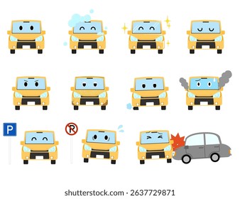 Cute yellow car character facial expression set