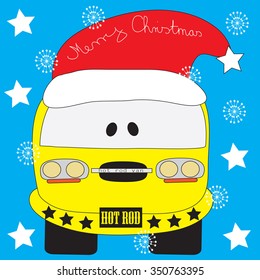 cute yellow car in Santa Claus cap with stars and snowflakes vector illustration