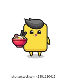 cute yellow card character eating noodles , cute style design for t shirt, sticker, logo element