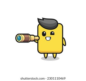 cute yellow card character is holding an old telescope , cute style design for t shirt, sticker, logo element