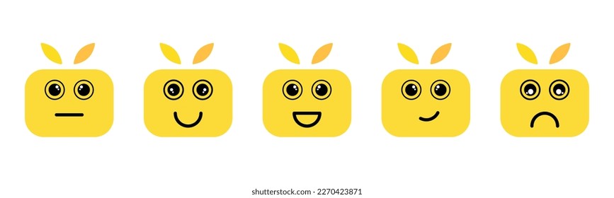 Cute yellow cartoon character with big eyes and long ears for kids in different face expressions. Happy, Sad, Laugh, Think emoji set. Emoticons with square yellow character vector illustrations set.