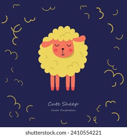 cute yellow cartoon Character sheep on dark blue background. Design for Kids, Girls, Boys. vector illustration.  sheared wool on the background