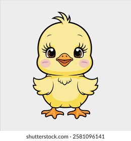 A cute, yellow cartoon chick with big eyes, long eyelashes, rosy cheeks, and orange feet stands against a light grey background.