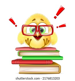 Cute yellow cartoon chick nerd sitting on the books in glasses with exclamation points