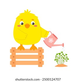 Lindo pollito amarillo de dibujos animados regando plantas con una regadera rosa. Ilustración vectorial plana sobre fondo blanco