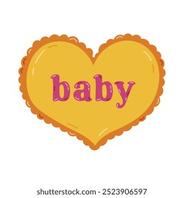 Cute yellow cartoon heart with lettering Baby in Y2k aesthetic. Retro love symbol from 90s and 00s. Hand drawn simple heart with typography isolated on white background. Nostalgia for 1990s vibes.