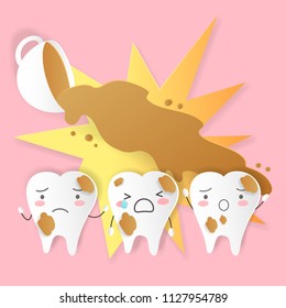 cute yellow cartoon tooth in cup of coffee