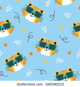 Cute yellow cat animal pattern with dot, cool glasses and line Vector on blue background, good for fabric, print and other uses.