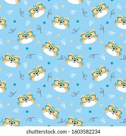 Cute yellow cat animal pattern with dot, blue glasses and line Vector on blue background, good for fabric, print and other uses.