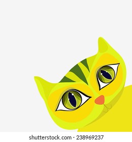 Cute yellow cat in cartoon style looks out from behind a corner. Vector illustration.
