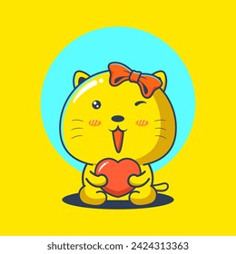 Cute yellow cat character cartoon hugging heart illustration