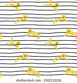 Cute yellow cat on striped background, hand drawn illustration. Children's fabric, clothing, covers and more.
