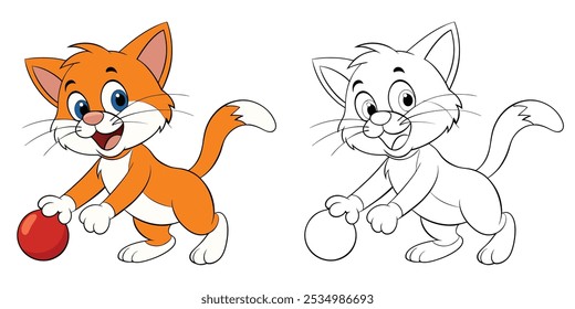 Cute Yellow Cat Playing Ball Cartoon Outline Coloring Page For Kids