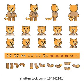 Cute yellow cat in suit creation kit. Create your own action, animation. Vector illustration bundle