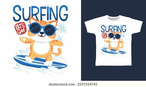 Cute yellow cat surfing hand drawn, ready for print on t shirt and other uses.