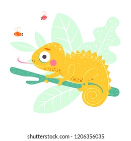 Cute yellow chameleon sitting on the green branch with light green leaves on background, vector illustration. Art poster for nursery or kids room poster