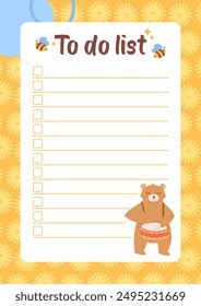 Cute yellow checklist template with bear. Stock vector illustration in flat cartoon style. kids planner page for notebook.