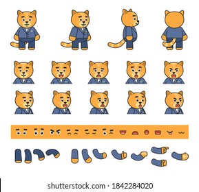 Cute yellow chibi cat in blue suit creation kit. Create your own action, animation. Vector illustration bundle