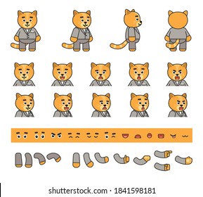 Cute yellow chibi cat in grey suit creation kit. Create your own action, animation. Vector illustration bundle