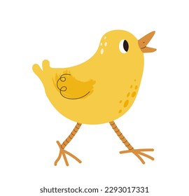 Cute yellow chick. Baby bird with feathers. Farming and agriculture, cattle. Sticker for social networks and instant messengers. Symbol of Easter. Cartoon flat vector illustration